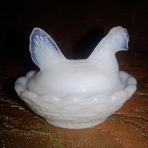 Vintage Glass Nesting Hen Miniature Trinket Candy Dish 2 1/2" Long 2" Tall